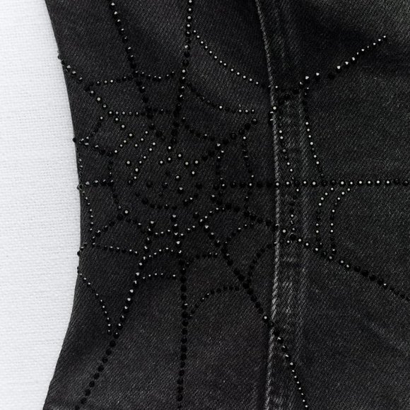 NWT TRF RHINESTONE SPIDERWEB STRAPLESS DENIM TOP - Picture 2 of 7